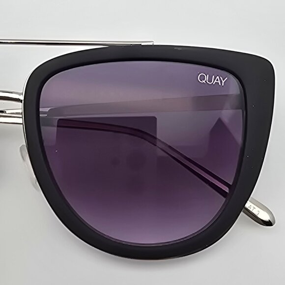 Quay Australia French Kiss Silver Black Frame Smoke Flat Lens Aviator Sunglasses - Picture 14 of 16